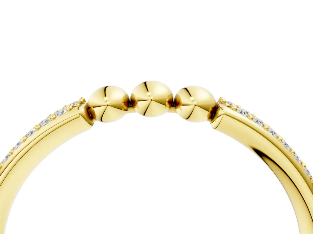 Pave Round Diamond Beaded Band with Shared Prong Setting Yellow gold