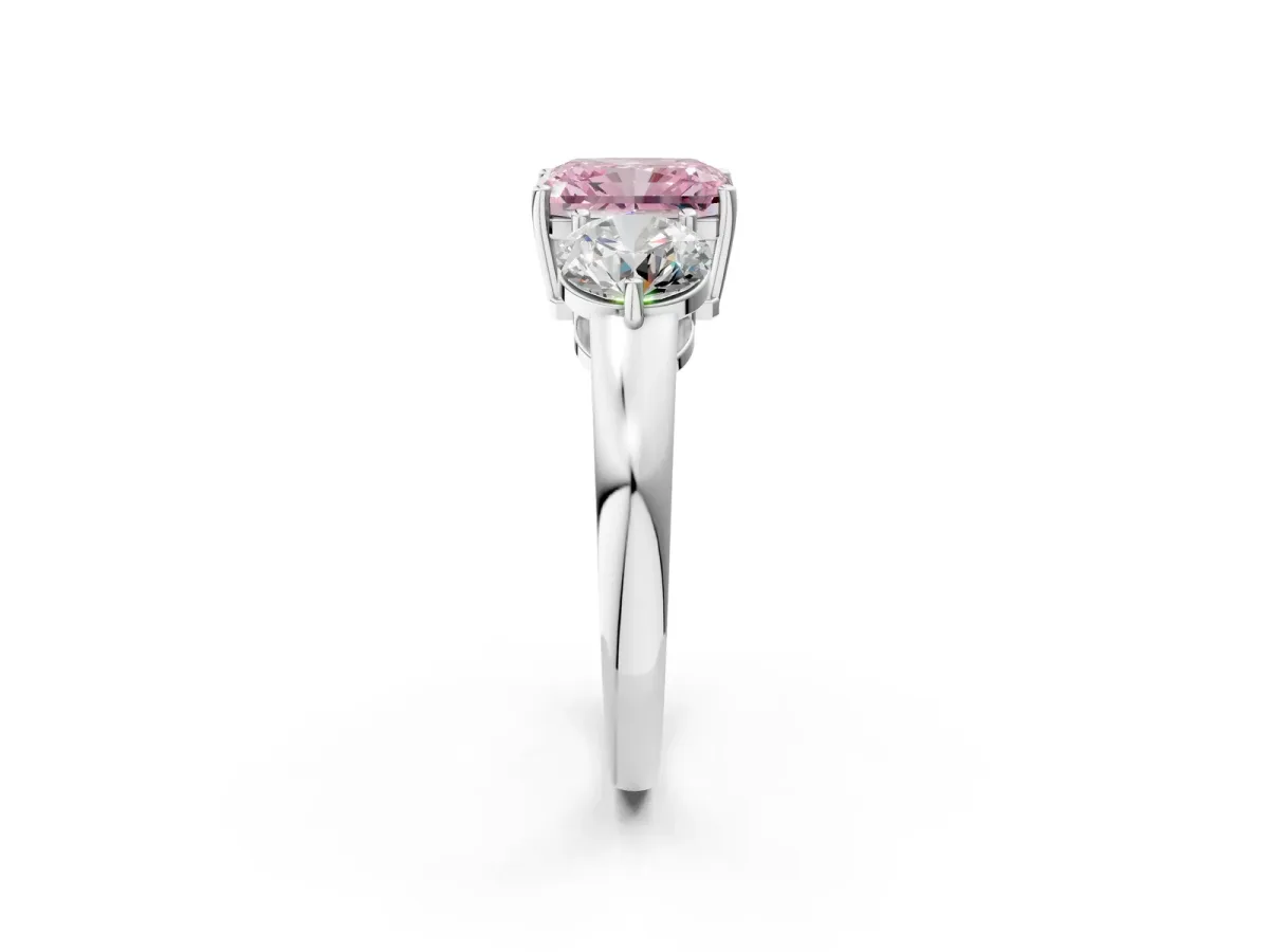 Fancy Pink Radiant Cut Diamond Three-Stone Ring with Prong Setting and Classic Band Platinum