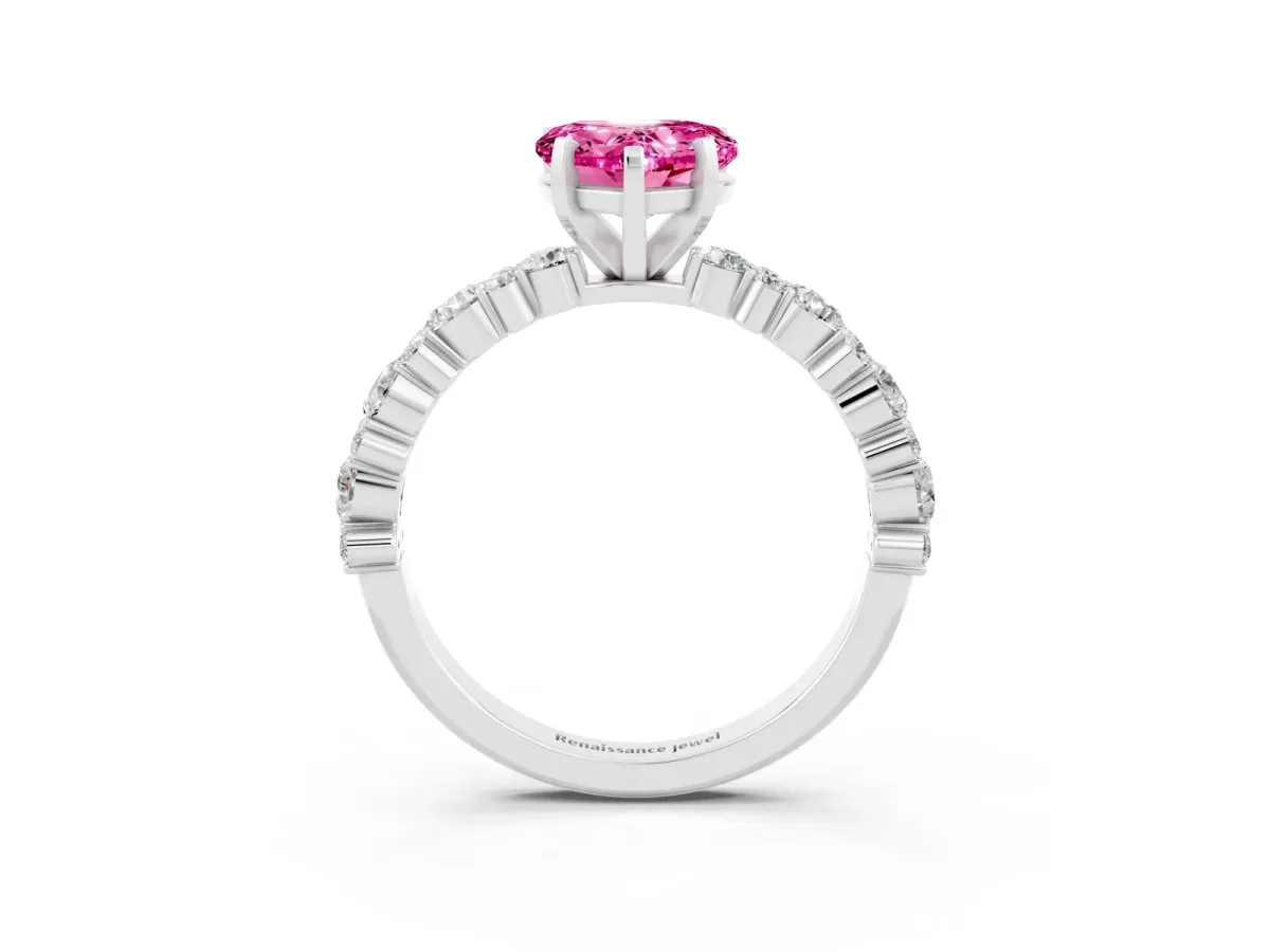 Heart Cut Pink Sapphire Side Stone Solitaire Ring with Round and Four-Prong Setting Platinum