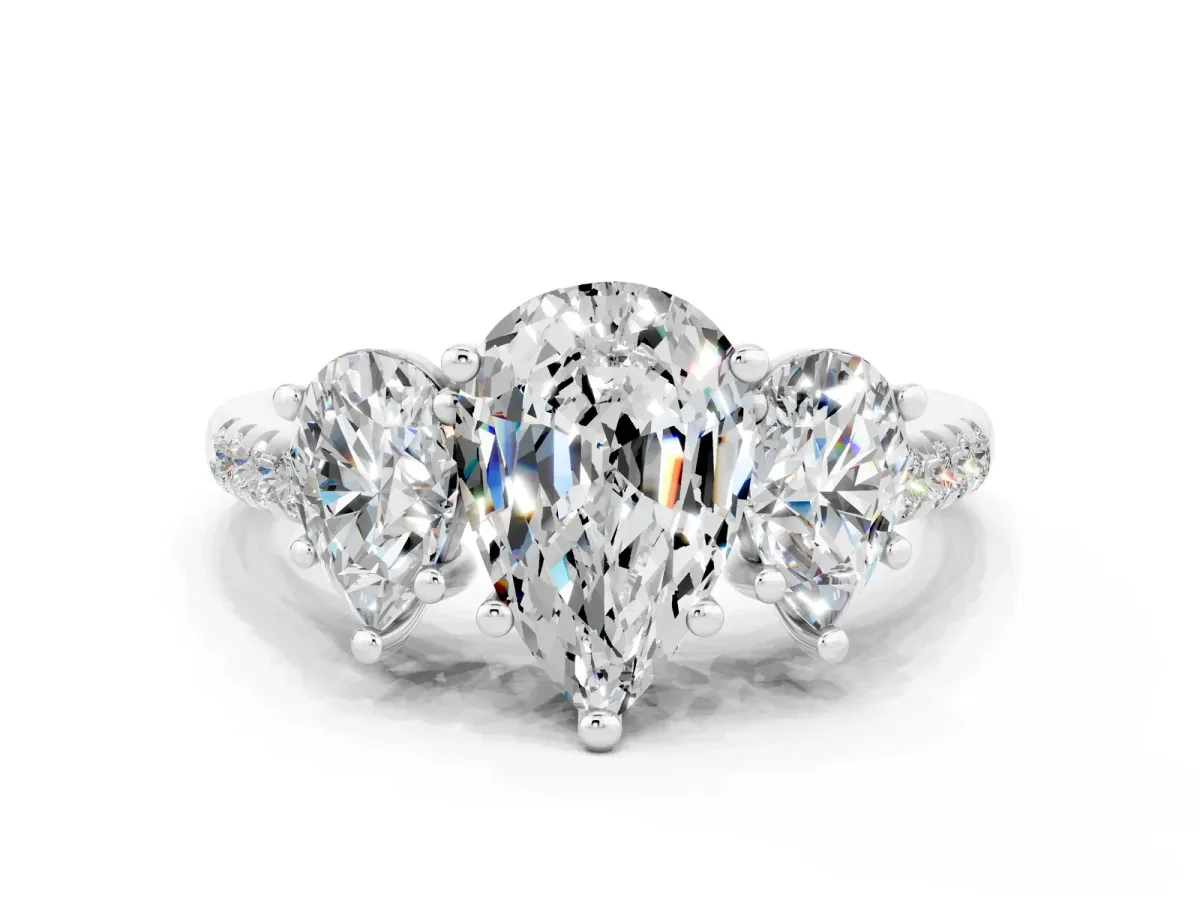 Three-Stone Pear Cut Moissanite Ring with Round Pavé Band and Prong Setting Silver