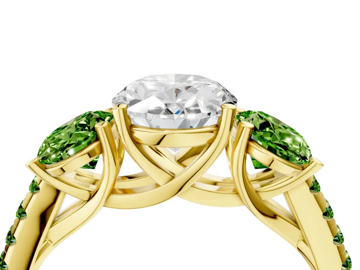Three-Stone Oval Cut Diamond Ring with Round Peridot Pavé Band and Prong Setting Yellow gold