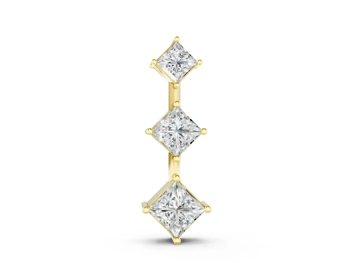 Three-Stone Princess Cut Diamond Pendant with Four-Prong Setting Yellow gold
