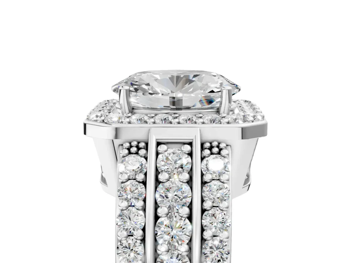 Oval Cut Halo Diamond Ring with Round Split Shank and Prong Setting White gold