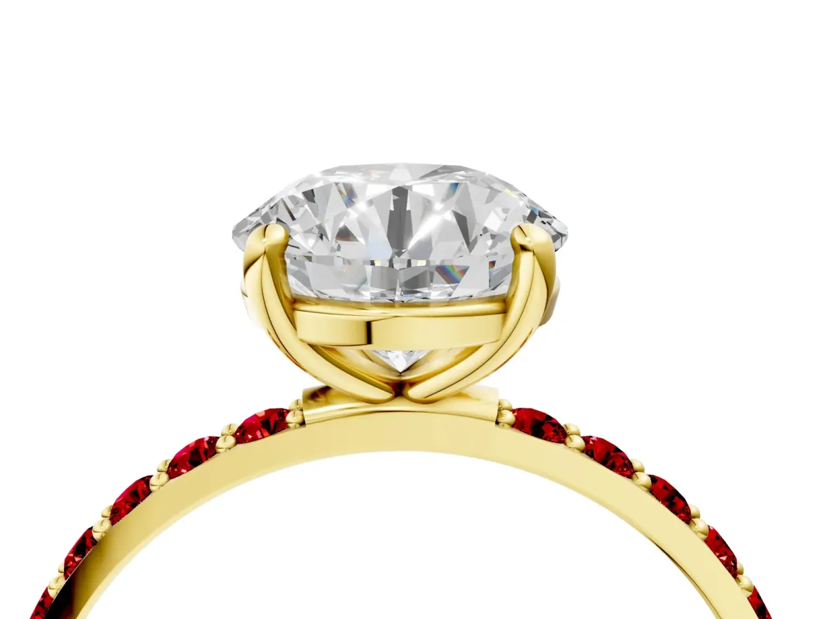 Round Cut Diamond Solitaire Ring with Round Ruby Pavé Band and Prong Setting Yellow gold