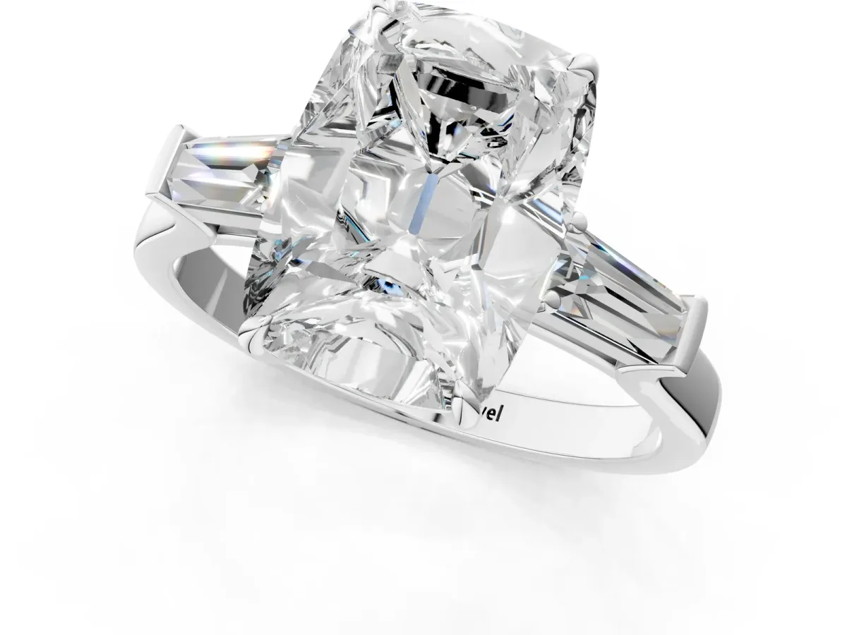 Old Mine Elongated Cushion Diamond with Side Tapered Baguette Three Stone Ring Silver