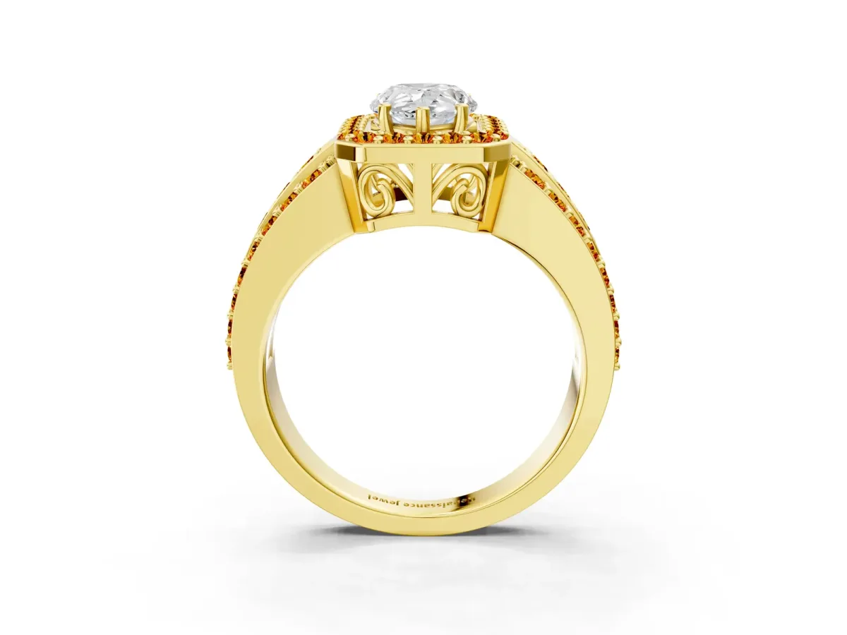 Pear Cut Halo Diamond Ring with Round Citrine Split Shank and Prong Setting Yellow gold
