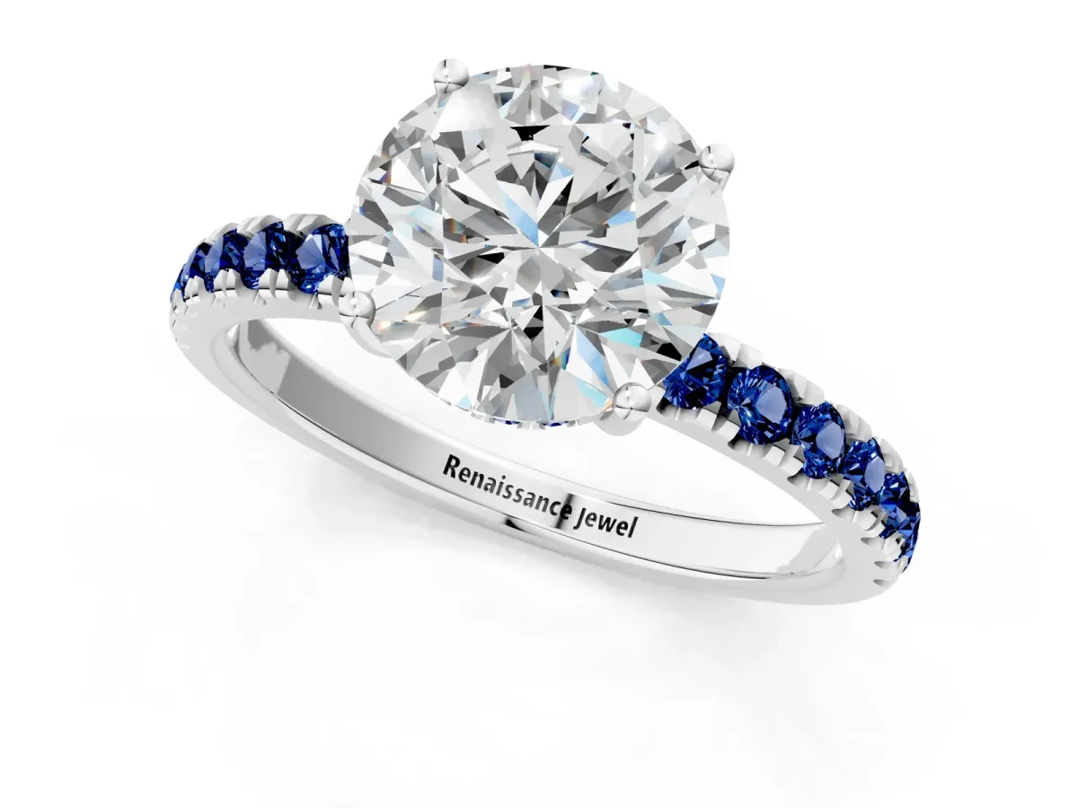 Round Cut Diamond Pave Band Solitaire Ring with Round Blue Sapphire and Prong Setting Silver