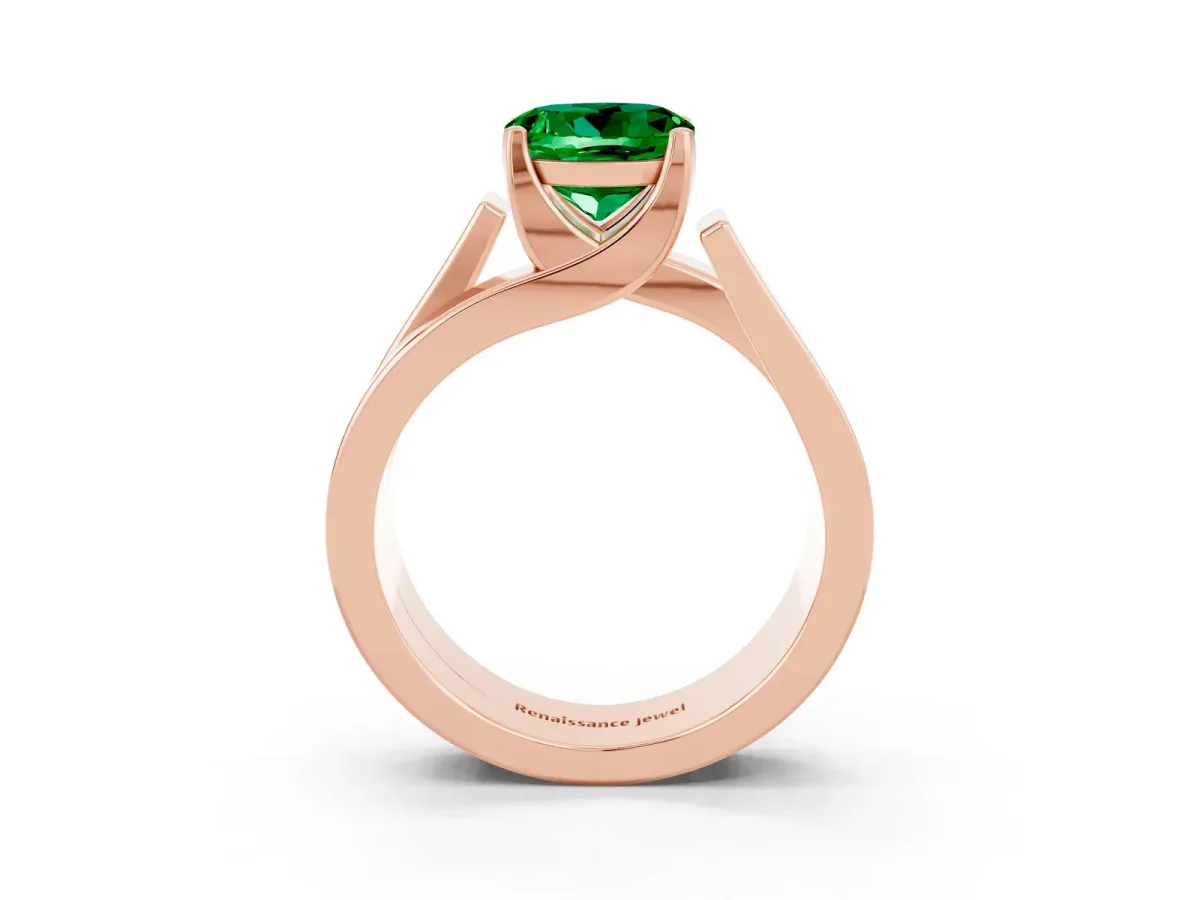 Modern Tension Set Round Cut Emerald Solitaire Wide Band Ring Rose gold