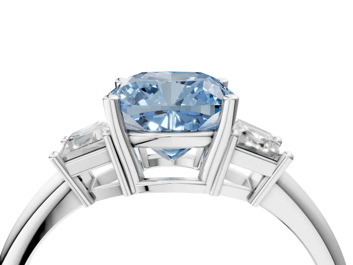 Fancy Blue Cushion Cut Diamond Three-Stone Ring with Trapezoid Side Stones and Prong Setting Silver