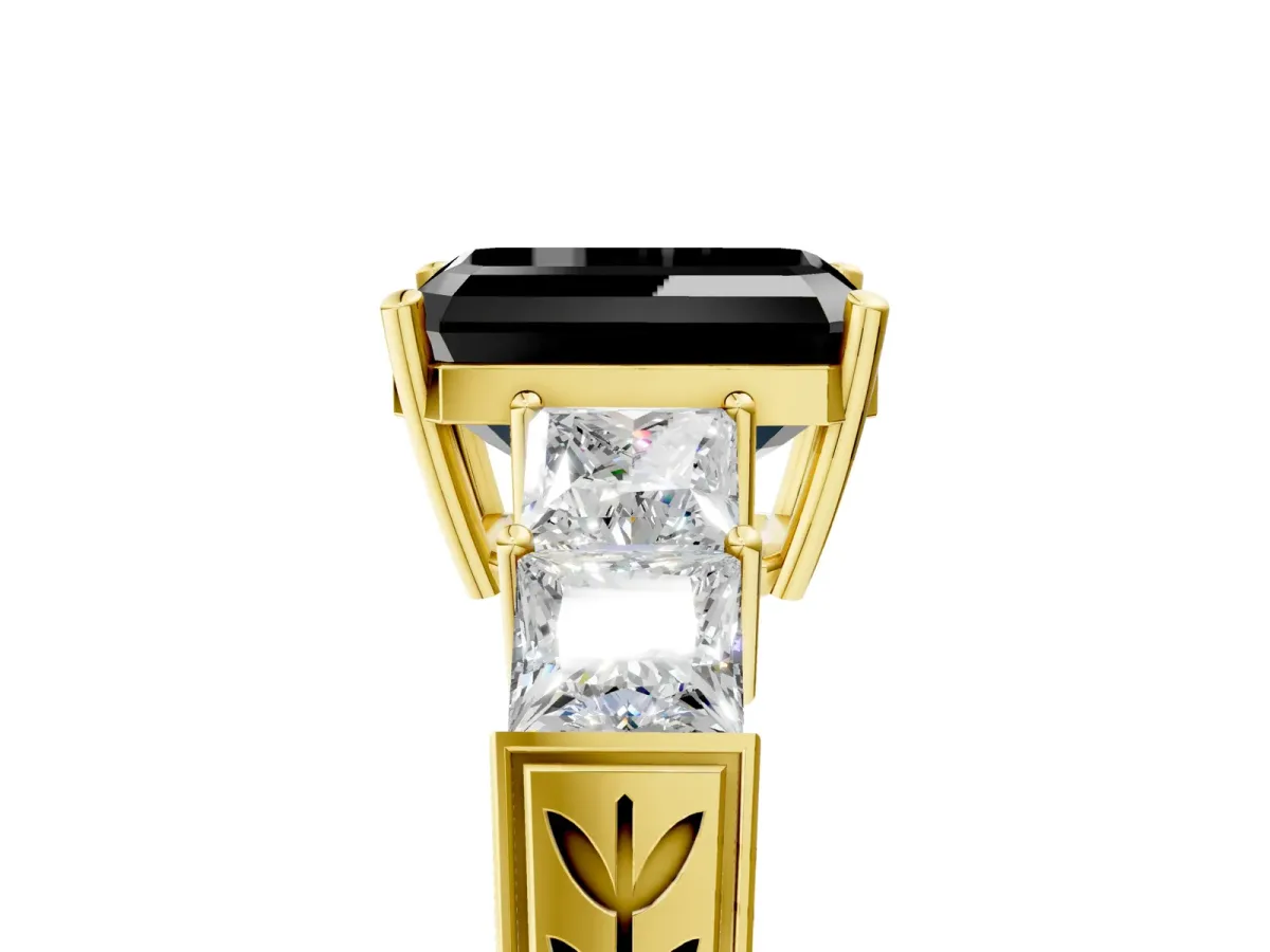 Fancy Black Emerald Cut Solitaire Princess Side Stone Engraved Band Prong Setting Ring Yellow gold
