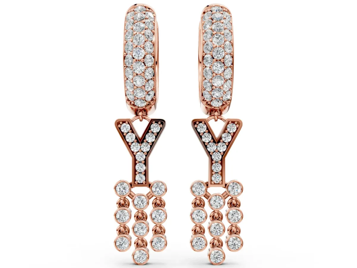 Round Diamond Initial Y Huggie Hoop Earrings Rose gold