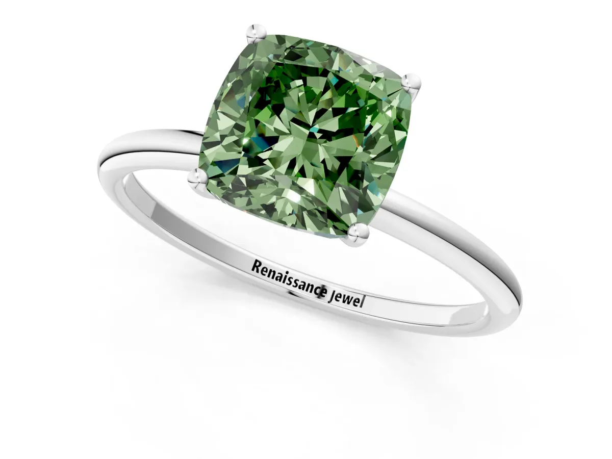 Fancy Green Cushion Cut Cut Solitaire Engagement Ring with Thin Band and Four-Prong Setting Silver