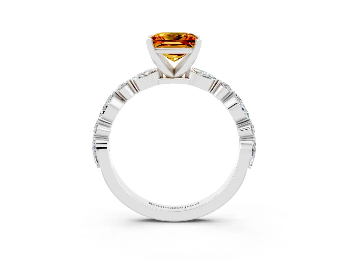 Princess Cut Citrine Ring with Marquise and Round Side Stones and Four-Prong Setting Silver