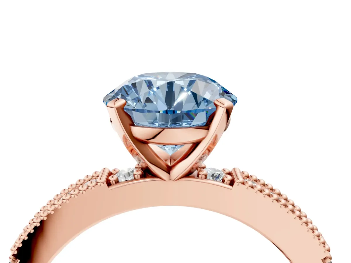 Fancy Blue Round Cut Solitaire with Pavé Band and Four-Prong Setting Rose gold