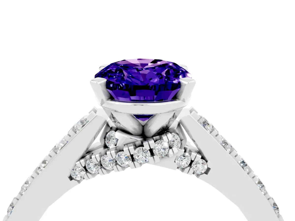 Oval Cut Tanzanite Solitaire Ring with Crossover Gallery and Round Pavé Band Silver