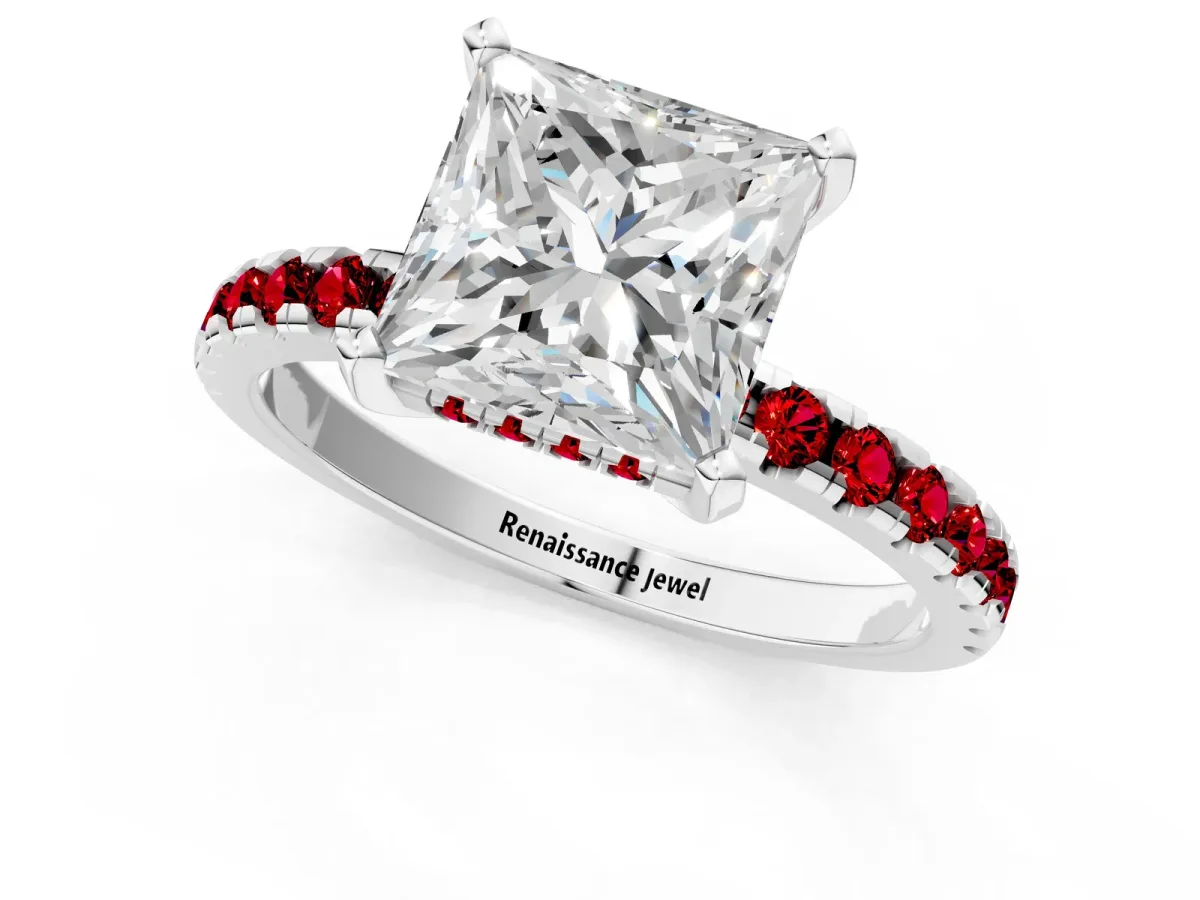Princess Cut Diamond Solitaire Ring with Round Ruby Pavé Band and Four-Prong Setting White gold
