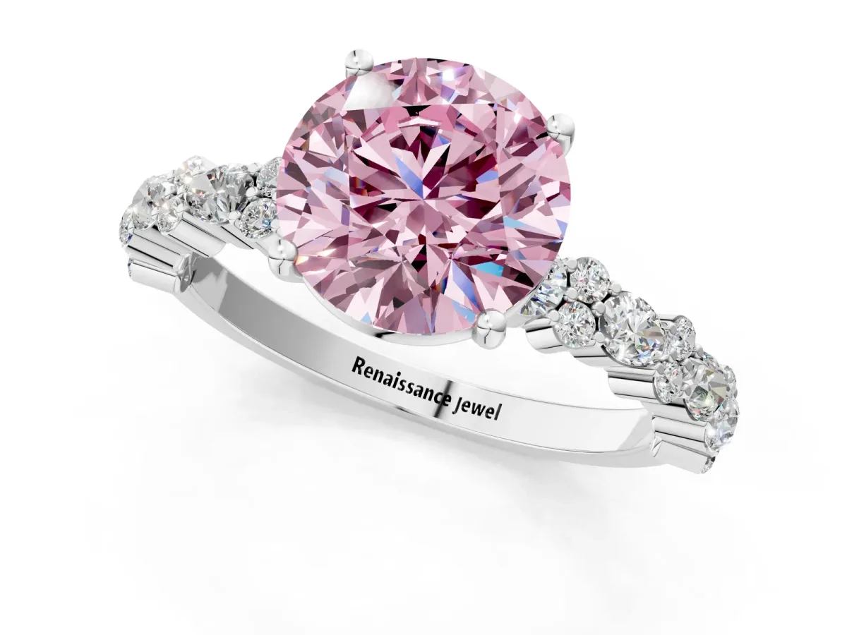 Fancy Pink Round Cut Diamond Side Stone Solitaire Ring with Round and Four-Prong Setting Silver