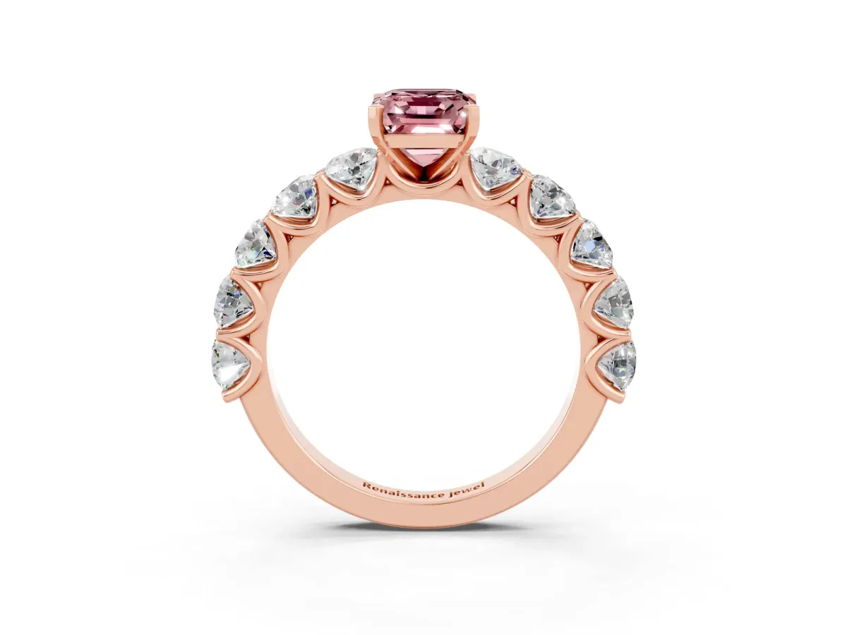 Emerald Cut Morganite Prong Setting with Side Stones on a Pave Band Rose gold