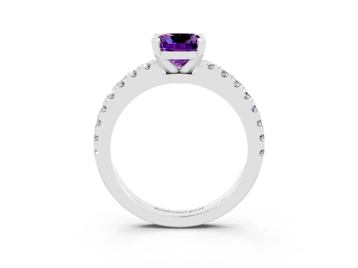 Cushion Cut Solitaire Amethyst with Pavé Band and Four-Prong Setting Silver