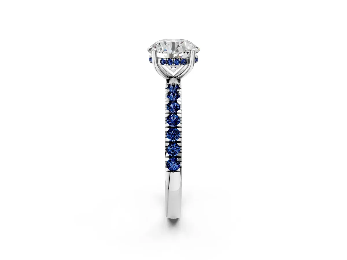 Round Cut Diamond Pave Band Solitaire Ring with Round Blue Sapphire and Prong Setting Silver