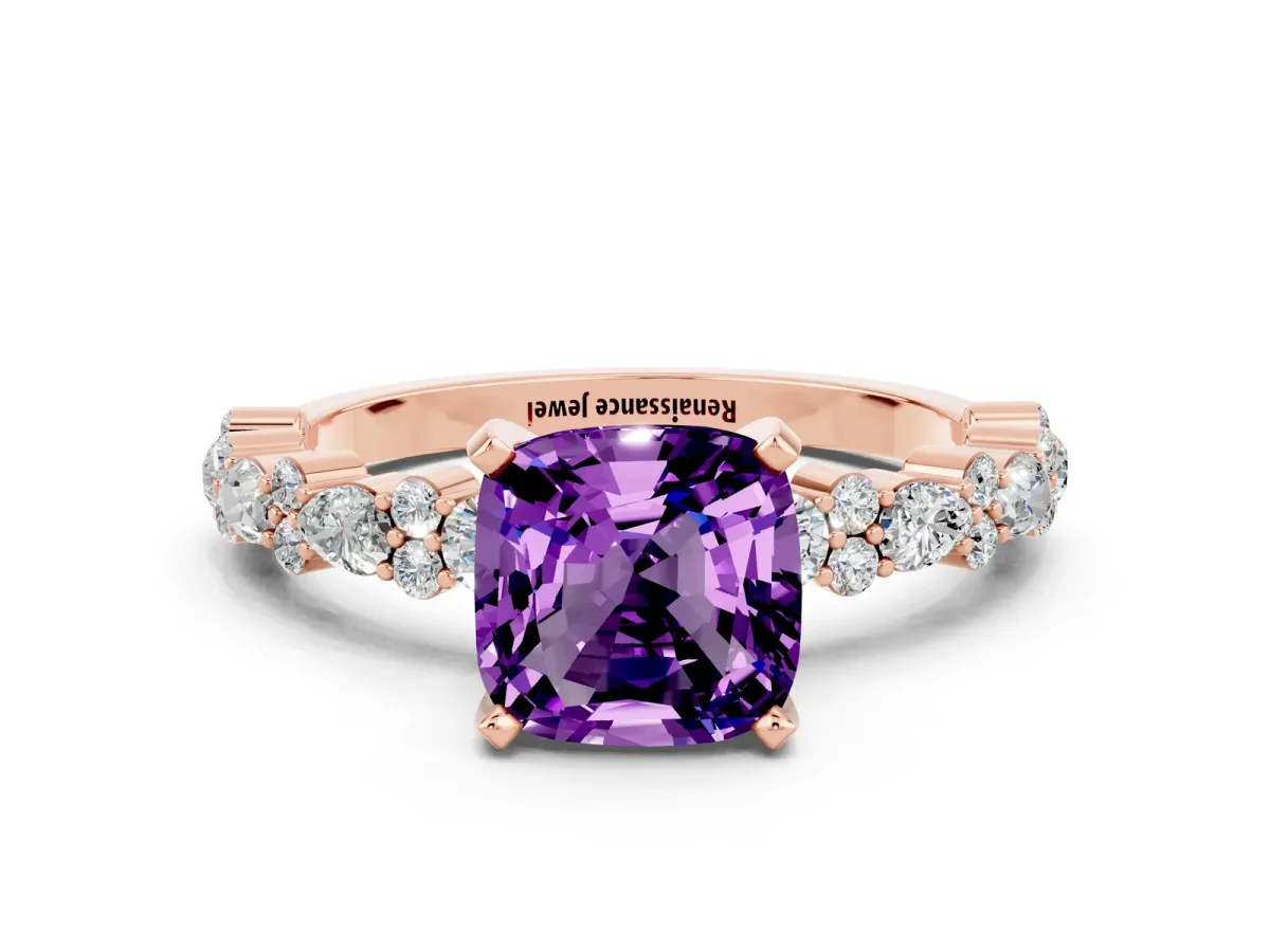 Cushion Cut Amethyst Side Stone Solitaire Ring with Round and Four-Prong Setting Rose gold