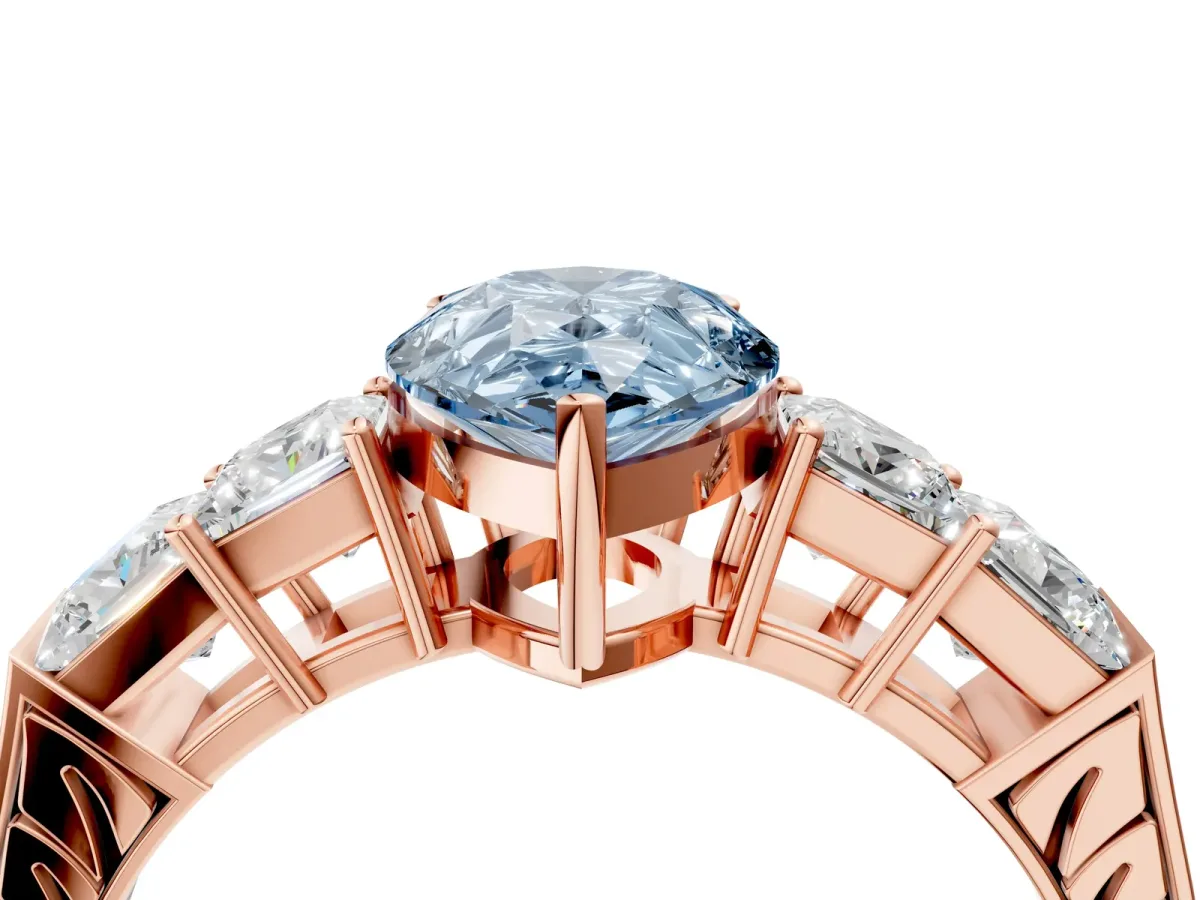 Fancy Blue Pear Cut Solitaire Princess Side Stone Engraved Band Prong Setting Ring Rose gold