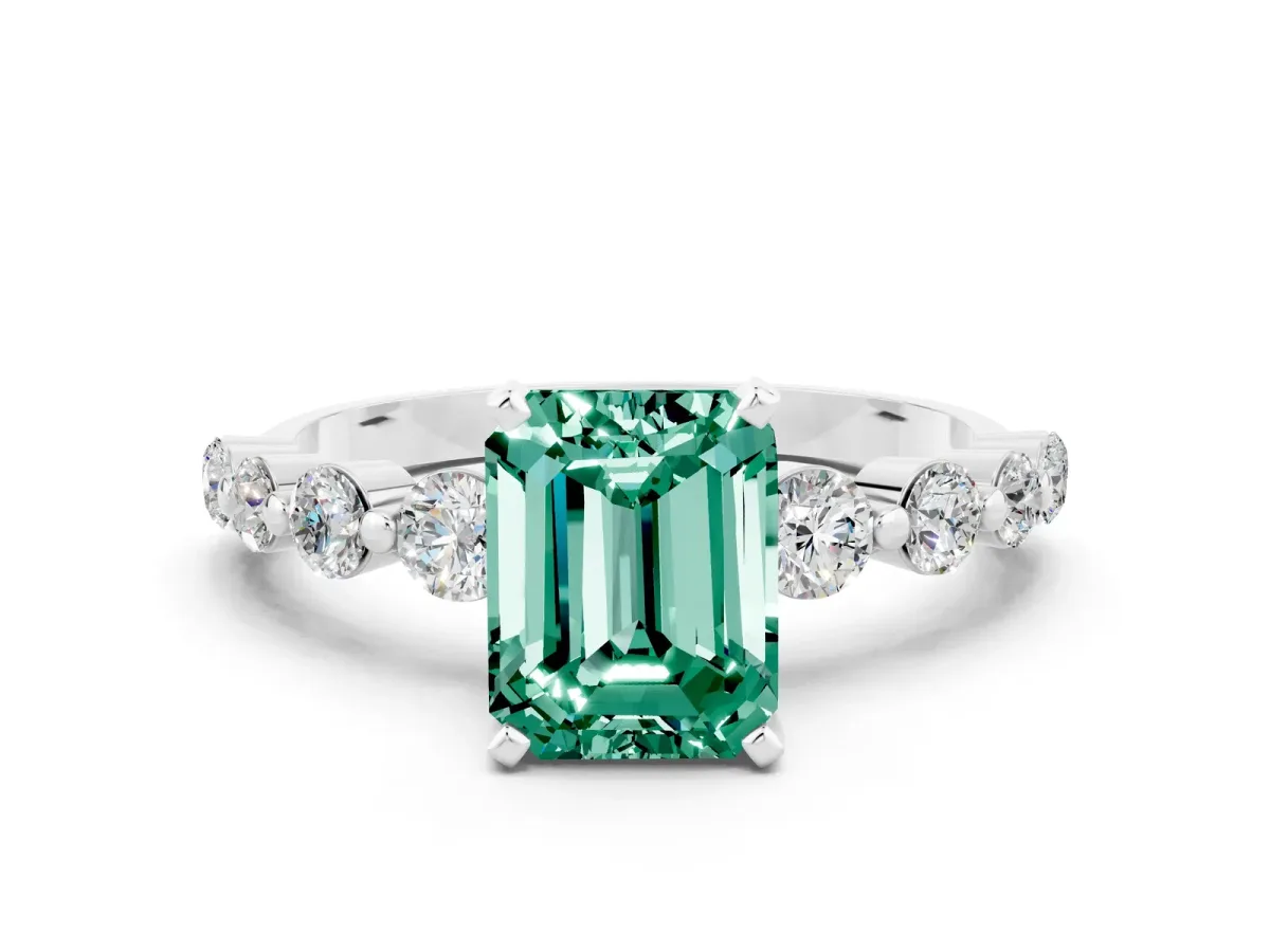Emerald Cut Solitaire Green Sapphire Ring with Pave Band and Four-Prong Setting Silver