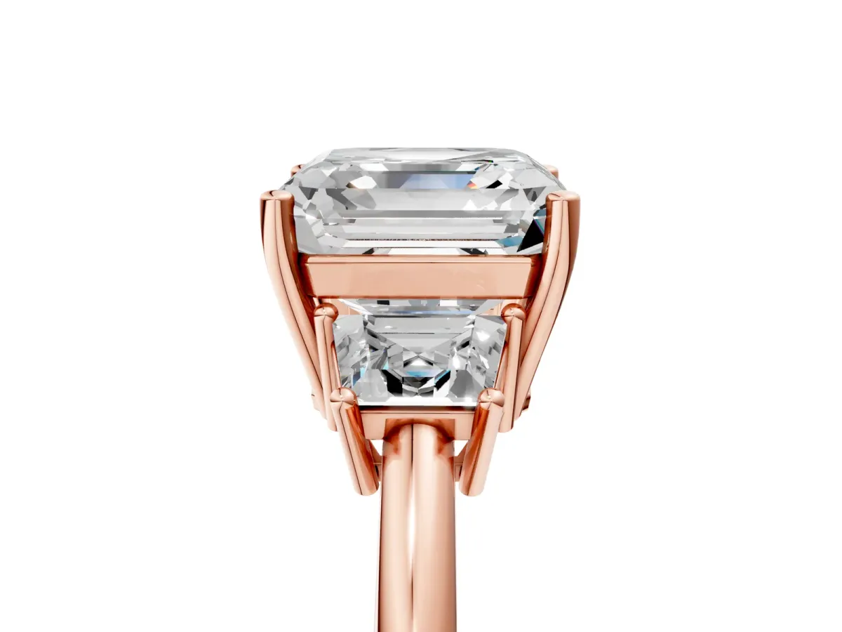 Asscher Cut Diamond Three-Stone Ring with Trapezoid Side Stones and Prong Setting Rose gold