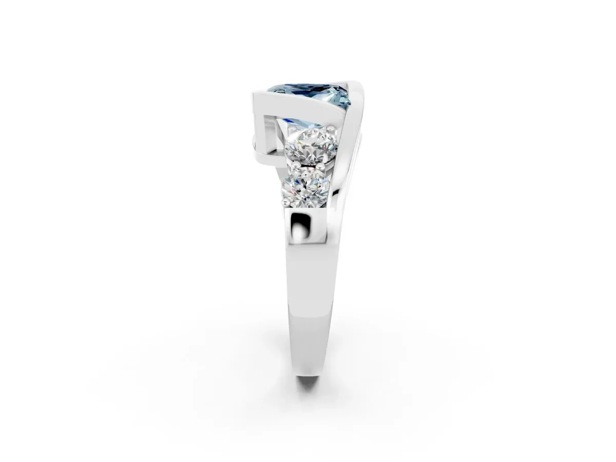 Bezel Set Princess Cut Aquamarine Bypass Ring with Round Accents Silver