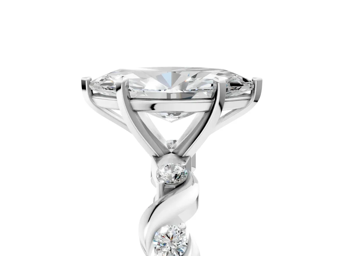 Marquise Cut Diamond Solitaire Twisted Band with Round Accents and Prong Setting Silver