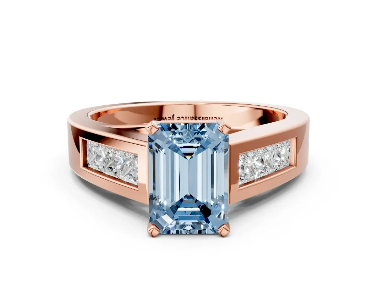 Fancy Blue Emerald Cut Cut Channel Set Solitaire Ring with Four-Prong Setting Rose gold