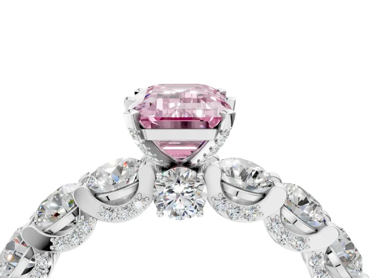 Fancy Pink Emerald Cut Diamond Side Stone Engagement Ring with Four-Prong Setting Silver