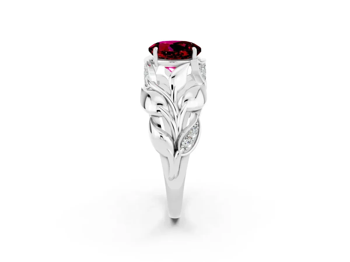 Round Cut Garnet Leaf-Inspired Engagement Ring with Round Accents and Prong Setting Silver