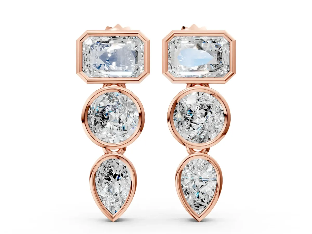 Emerald, Round and Pear Diamond Bezel Drop Earrings Rose gold