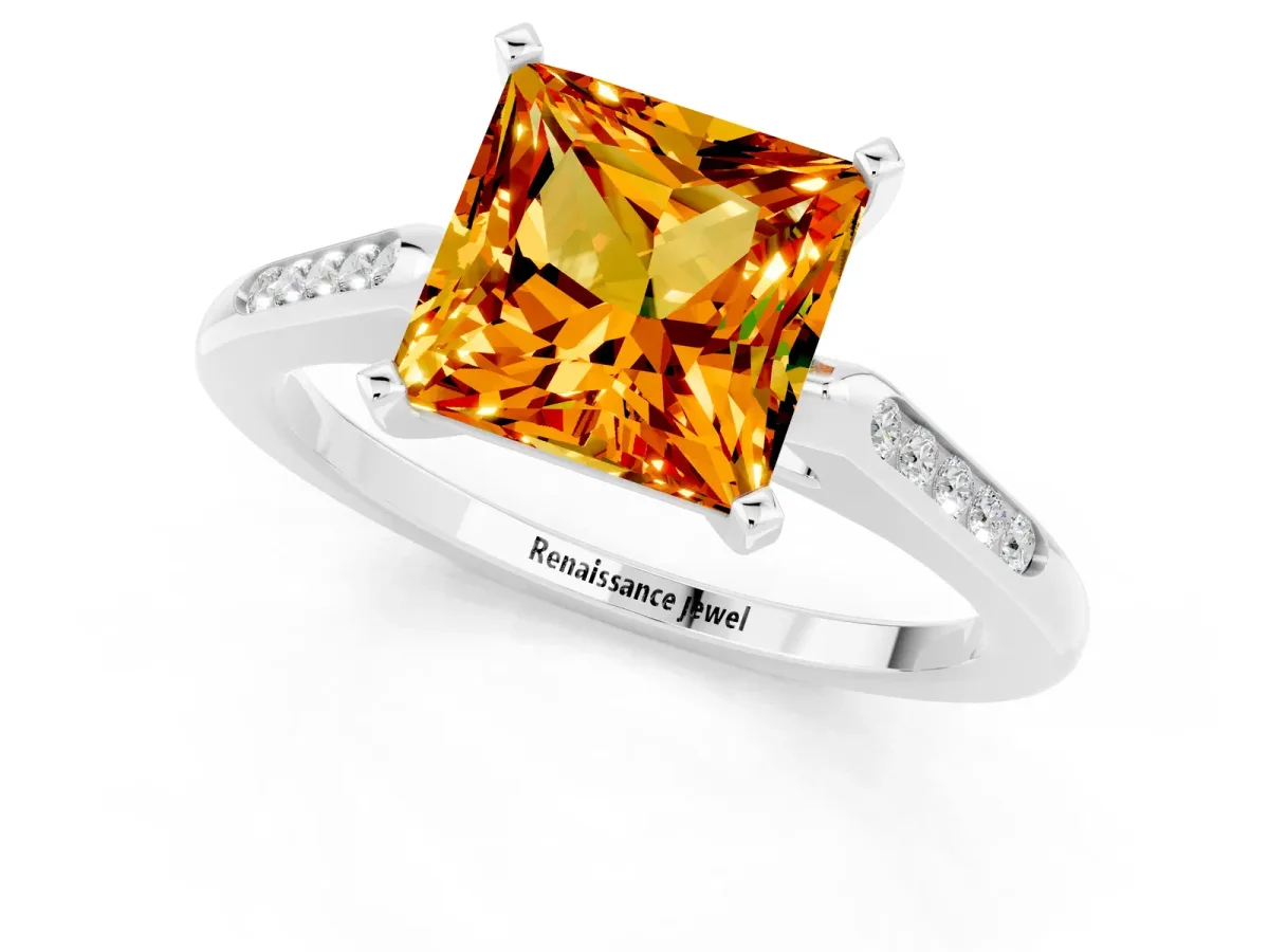 Princess Cut Citrine Solitaire Ring with Channel Set Round Band and Prong Setting Silver