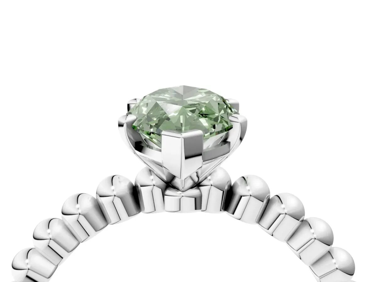 Fancy Green Marquise Cut Diamond Solitaire Ring with Beaded Band and Prong Setting Silver