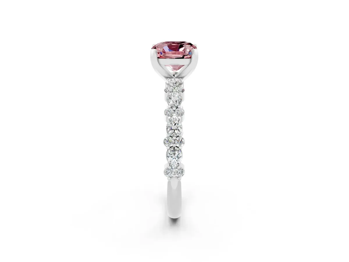 Cushion Cut Morganite Side Stone Solitaire Ring with Round and Four-Prong Setting Platinum
