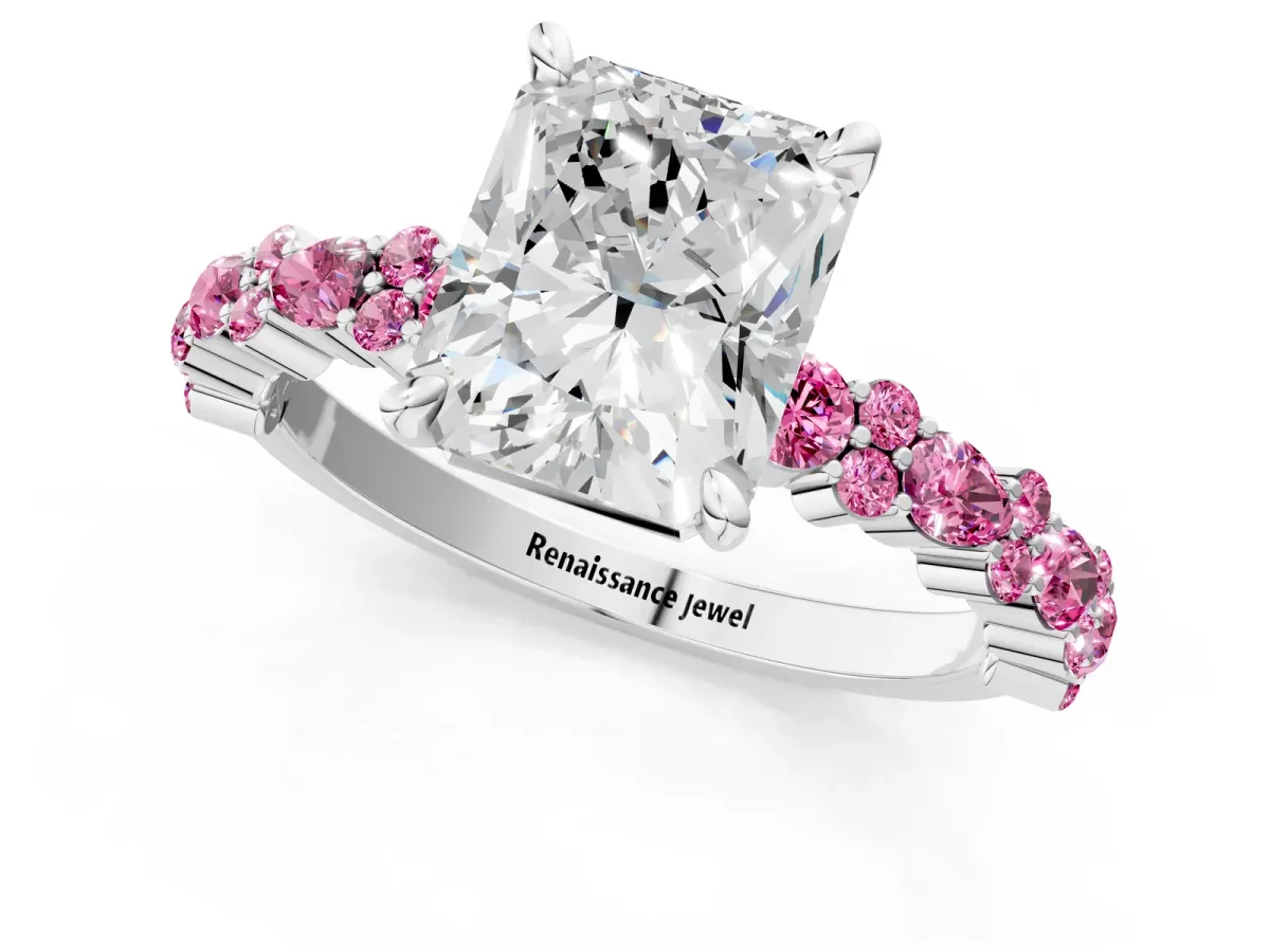 Radiant Cut Diamond Side Stone Solitaire Ring with Round Pink Sapphire and Four-Prong Setting Silver