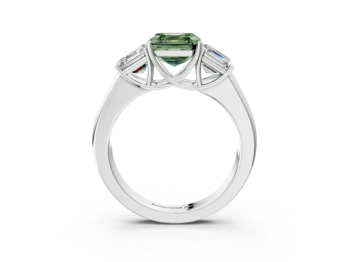 Fancy Green Three-Stone Asscher Cut Cut Diamond Ring with Prong Setting and Classic Band Platinum