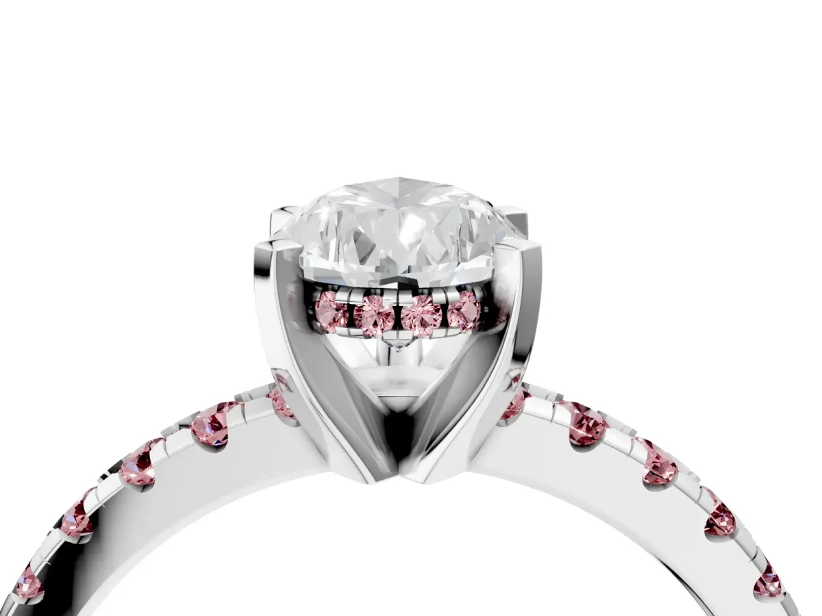 Pear Cut Diamond Solitaire Ring with Round Morganite Pavé Band and Four-Prong Setting Silver