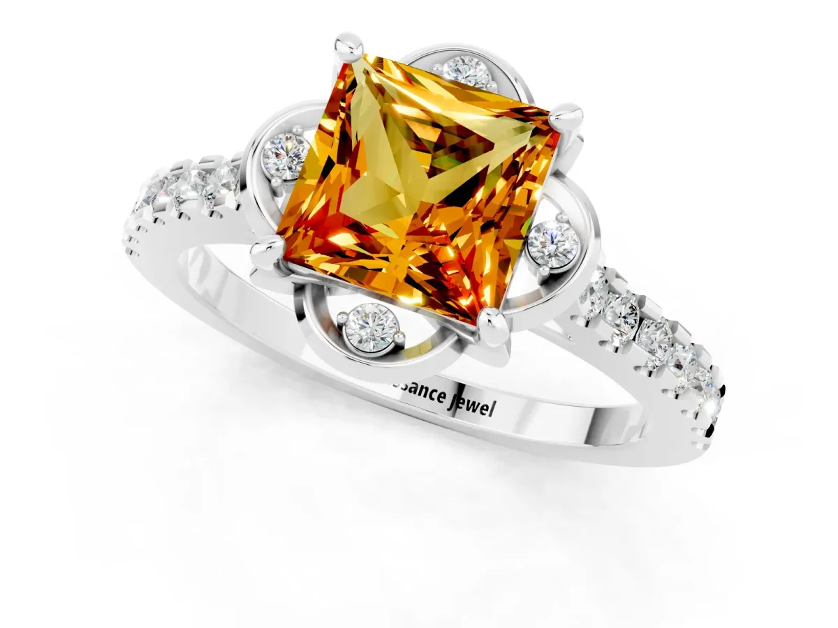 Princess Cut Citrine Ring with Pavé Band and Floral Prong Setting Silver
