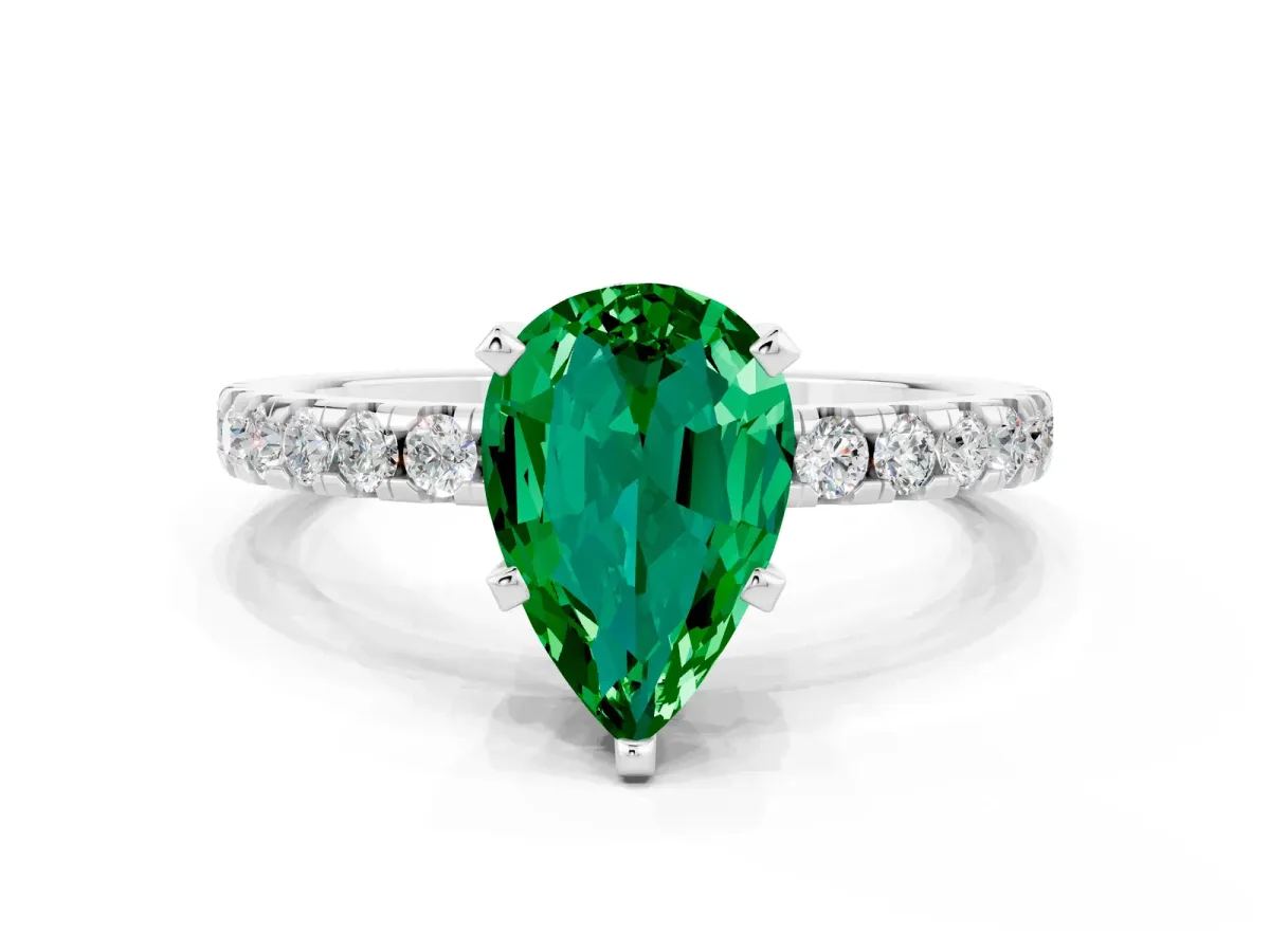 Pear Cut Emerald Solitaire Ring with Round Pavé Band and Four-Prong Setting Platinum