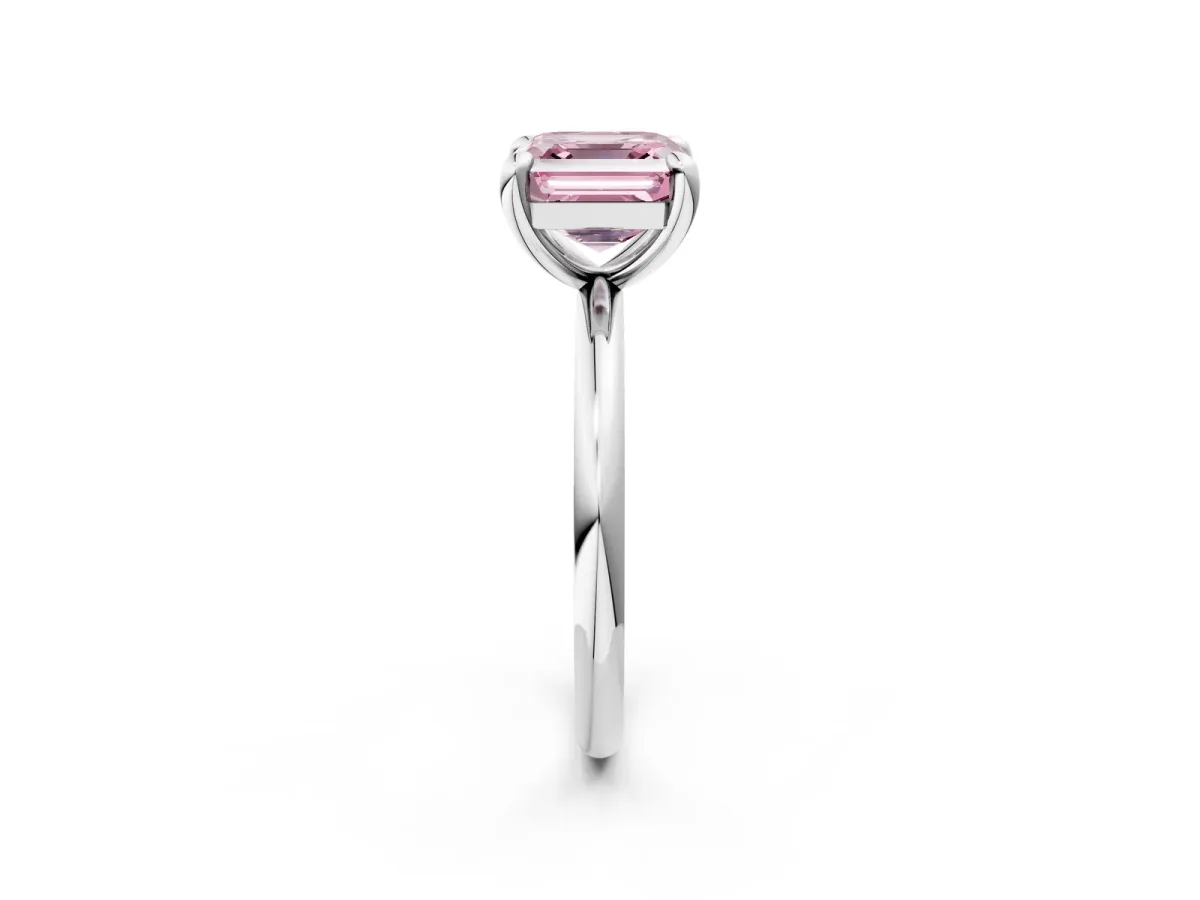 Fancy Pink Asscher Cut Solitaire Diamond Ring with Four-Prong Setting on a Plain Band Platinum