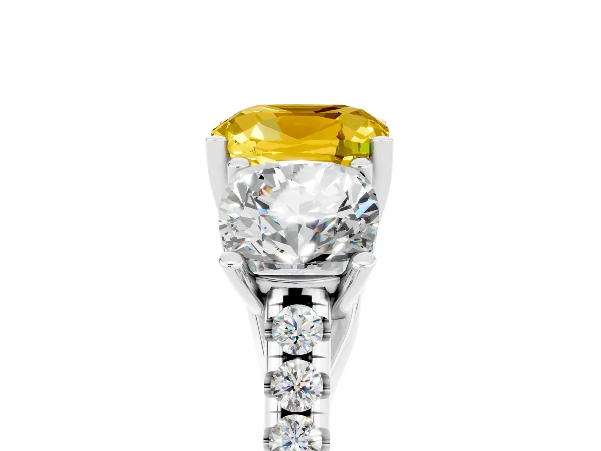 Three-Stone Cushion Cut Yellow Sapphire Ring with Round Pavé Band and Prong Setting Silver