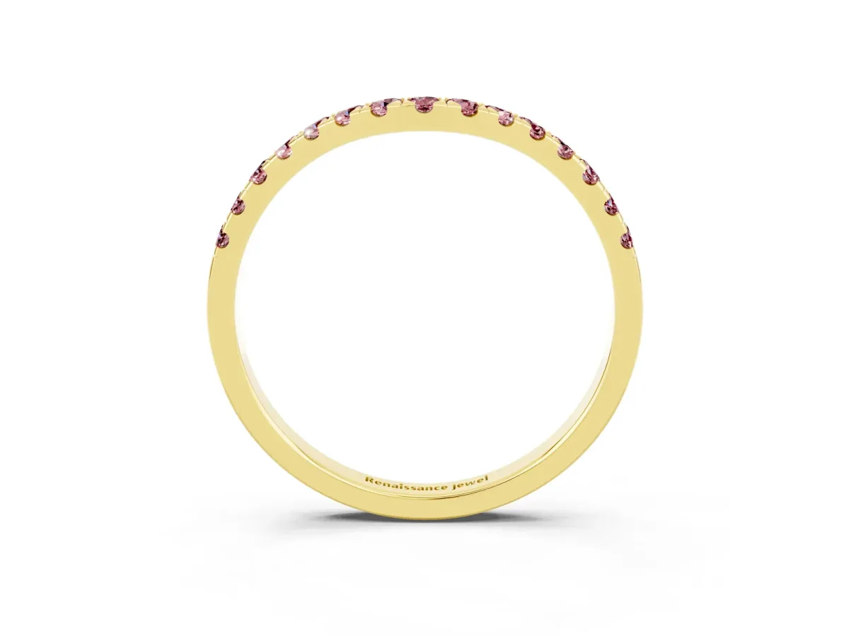 Curved Pavé Round Morganite Wedding Band with Shared Prong Setting Yellow gold