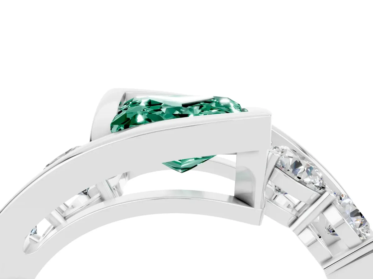 Bezel Set Princess Cut Green Sapphire Bypass Ring with Round Accents Silver