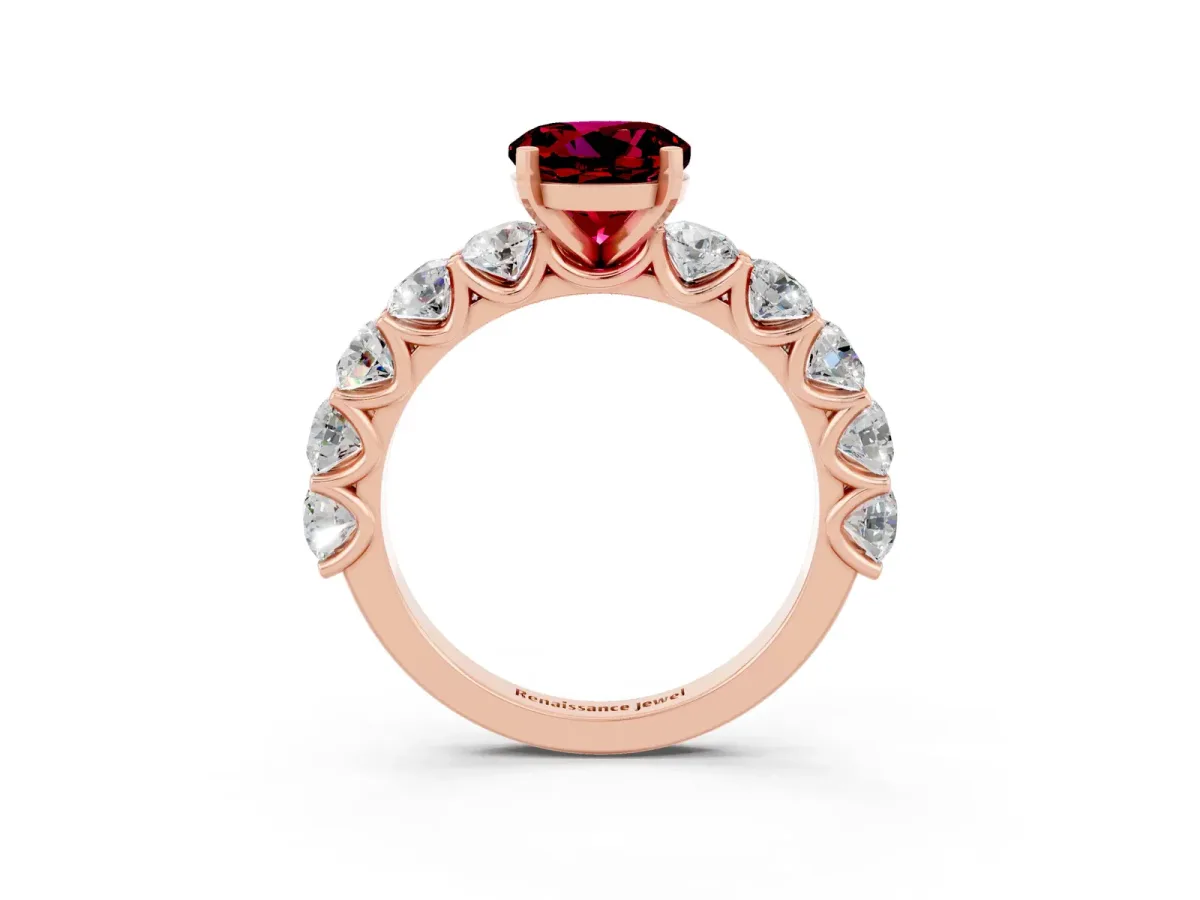 Round Cut Garnet Prong Setting with Side Stones on a Pave Band Rose gold