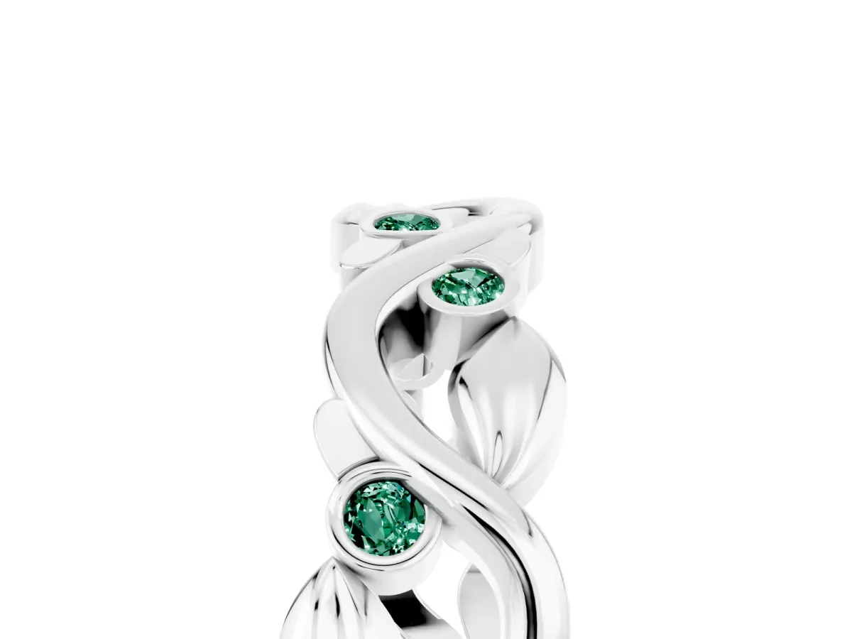 Round Green Sapphire Leaf Eternity Band with Bezel Setting White gold