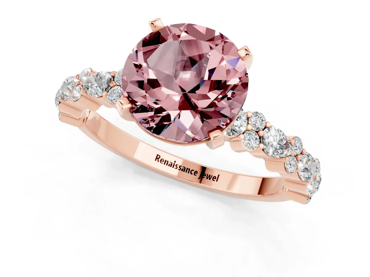 Round Cut Morganite Side Stone Solitaire Ring with Round and Four-Prong Setting Rose gold