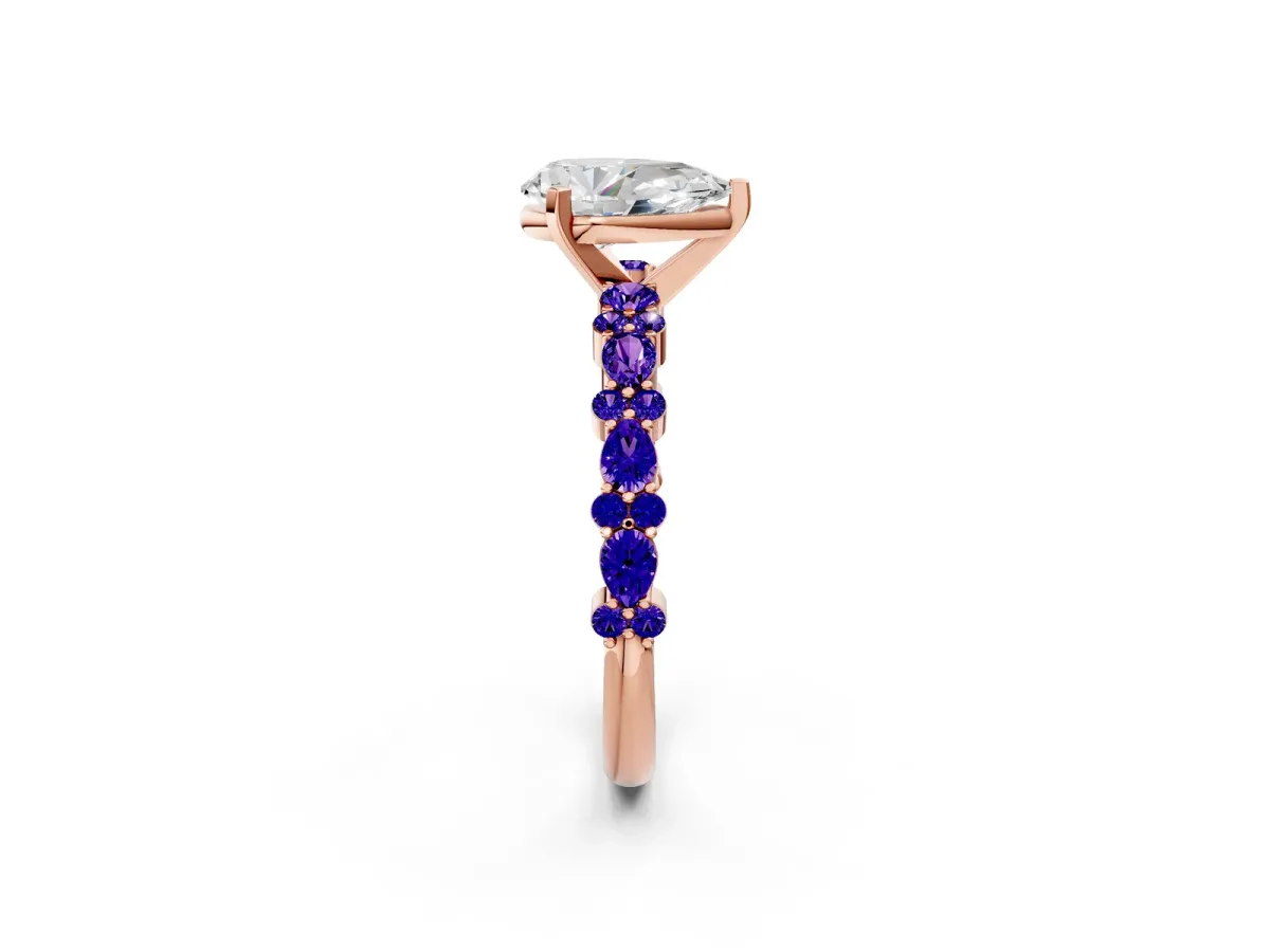 Pear Cut Diamond Side Stone Solitaire Ring with Round Tanzanite and Four-Prong Setting Rose gold